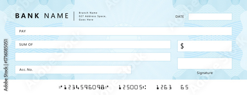 Empty money cheque. Bank check. check book template with pattern and blank fields. Currency payment coupon, US dollar check background.	