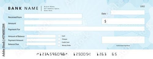 Blue Bank check, vector blank money cheque, checkbook template with guilloche pattern and fields. Currency payment coupon, money check background	
