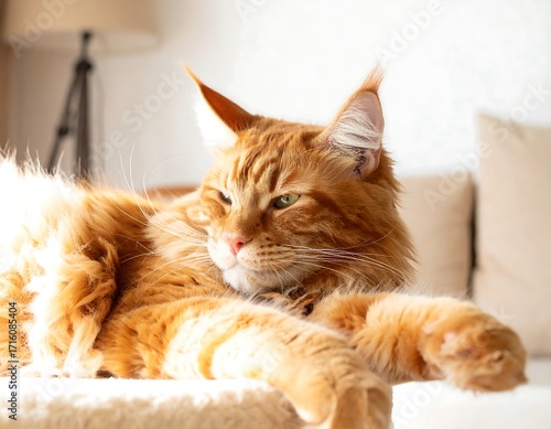 Ginger Maine Coon cat relaxing