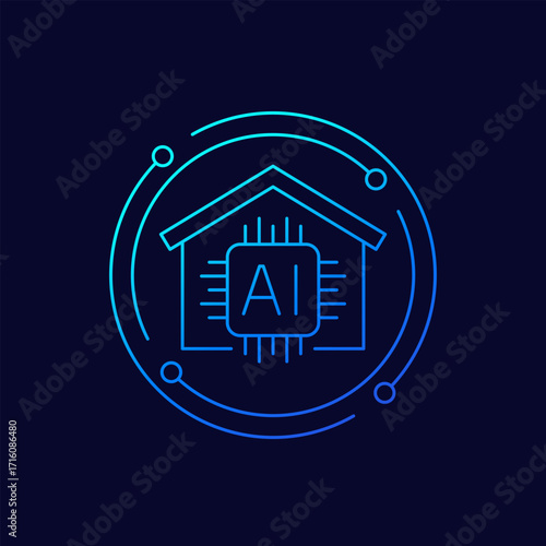 AI house icon, artificial intelligence for smart home system, linear design