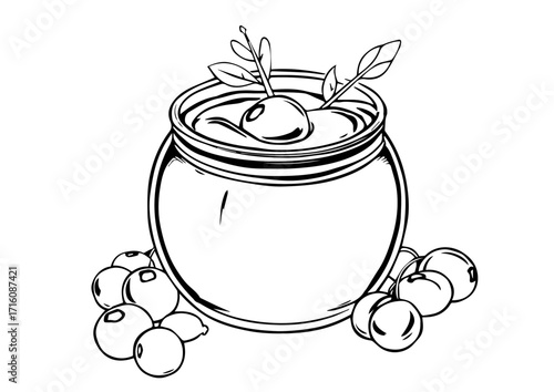 Jar of olives with leaves and scattered olives on white background  