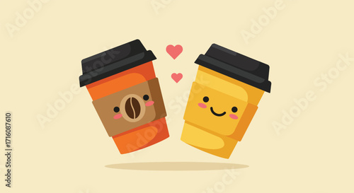Adorable Cartoon Coffee Couple in Love Illustration.