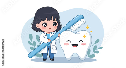 Adorable Cartoon Dentist with a Happy Healthy Tooth.