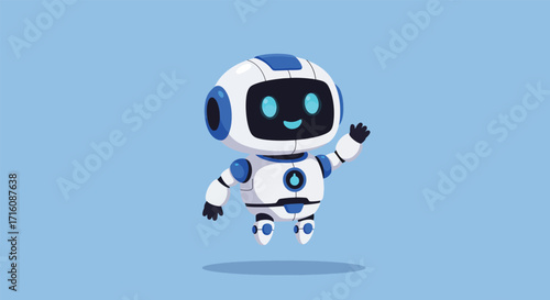 Adorable futuristic robot character waving hello.