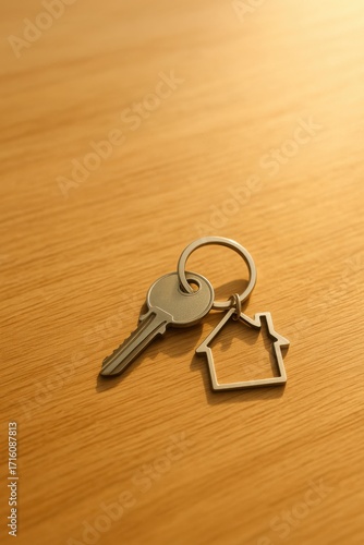 key and house on a wooden background