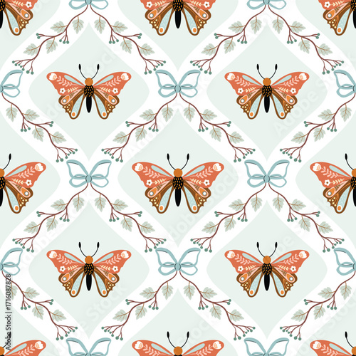Autumnal seamless pattern with butterflies in decorative frames, wallpaper with bows, charming background