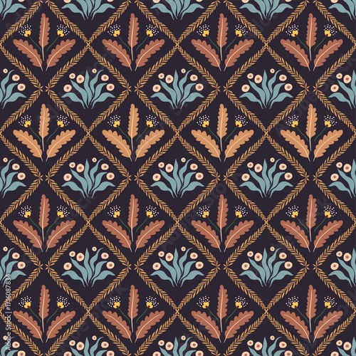  Autumn seamless damask pattern with floral design, elegant wallpaper with flowers and plants in frames