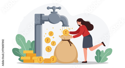 Businesswoman collecting money from a faucet representing passive income and cash flow.