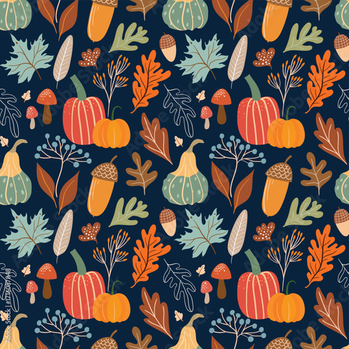Autumn seamless pattern with seasonal elements, pumpkins, acorns, mushrooms and plants, vintage wallpaper, coquette background