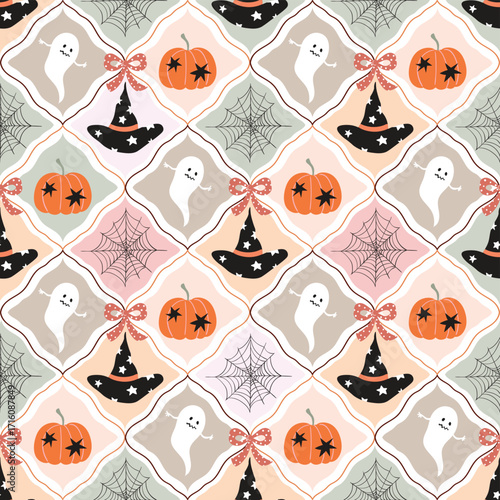 Halloween seamless pattern in retro style, cute wallpaper with witch hat, pumpkins and ghosts, coquette holidays wallpaper