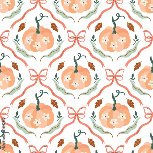Autumn seamless pattern with decorative pumpkins and bows in frames, charming wallpaper, seasonal background
