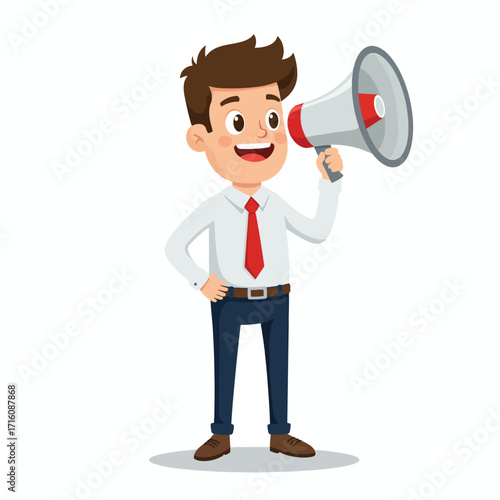 Cartoon businessman character shouting through a megaphone for an important announcement or promotion.