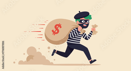 Cartoon thief character running with a money bag