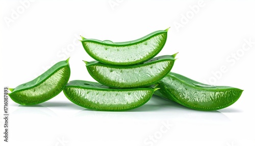 Fresh, vibrant green aloe vera slices, glistening with gel, neatly arranged on a pristine white background, showcasing their translucent, succulent texture