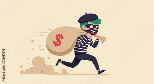 Cartoon thief character running with a money bag