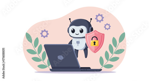 Cute AI robot character with security shield and laptop.