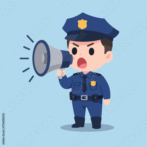 Cute cartoon police officer shouting into a megaphone.