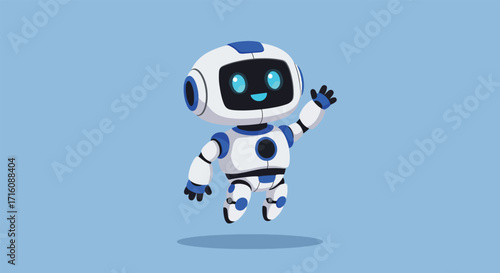 Cute futuristic robot character waving hello Friendly AI chatbot mascot illustration.