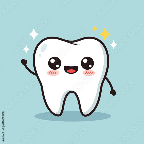 Cute happy sparkling white tooth character waving