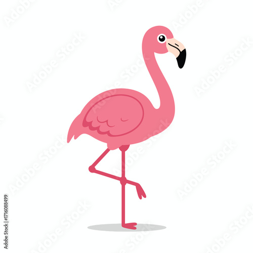 Cute pink flamingo cartoon standing on one leg