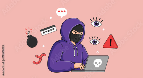 Cyber security threat concept with an anonymous hooded hacker using a laptop for cybercrime.