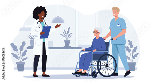 Doctor and Nurse Providing Care for Elderly Woman in Wheelchair.