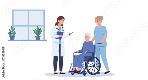 Doctor and Nurse Caring for Elderly Patient in Wheelchair.