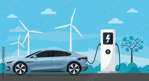 Electric car charging at a station powered by renewable wind turbine energy.