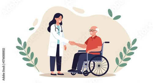 Female Doctor Caring for Elderly Man in Wheelchair.