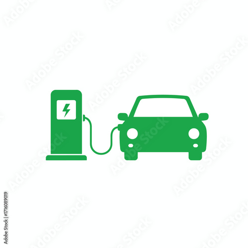 Green electric car at a charging station icon