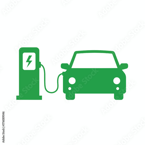 Green Electric Car at Charging Station Icon.