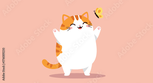 Happy Orange Tabby Cat Playing with Butterfly.