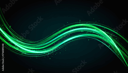 Abstract Green Light Streaks on Dark Background.