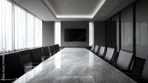 A long conference table with sleek black chairs dominates a modern, minimalist room bathed in soft, diffused light, evoking a sense of quiet anticipation and professional formality.
