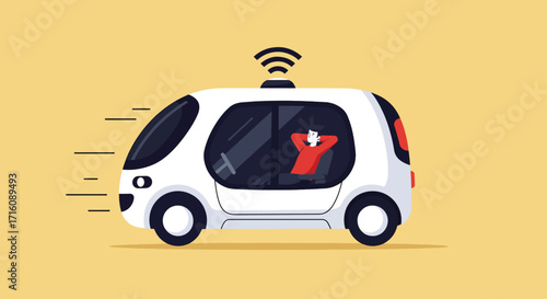 Man relaxing in a futuristic autonomous selfdriving car.