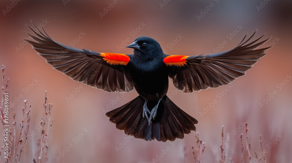 Fototapeta premium Majestic Red Winged Blackbird in Flight, Displaying Vibrant Plumage Against Soft Backdrop