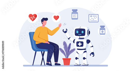 Patient consulting with a futuristic medical robot for healthcare.