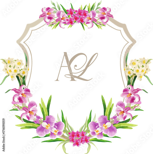 A beautiful hand drawn watercolor floral wreath encircles the initials 'AL' creating an elegant monogram. This design is perfect for wedding invitations, branding, and decorative purposes.