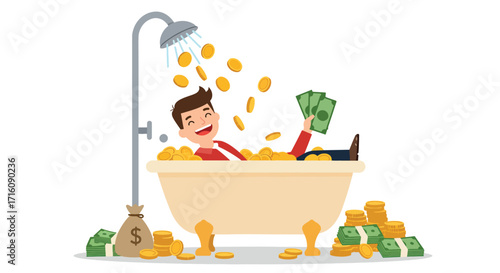 Successful Businessman Bathing in a Tub of Money.