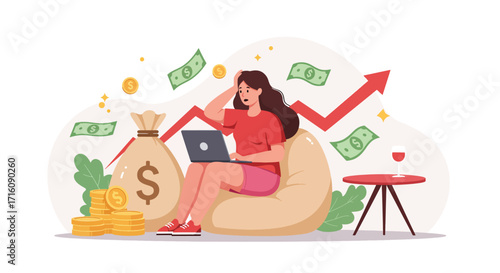 Successful woman freelancer earning money online with laptop.