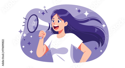 Young woman with purple hair shouting into a megaphone for an announcement.
