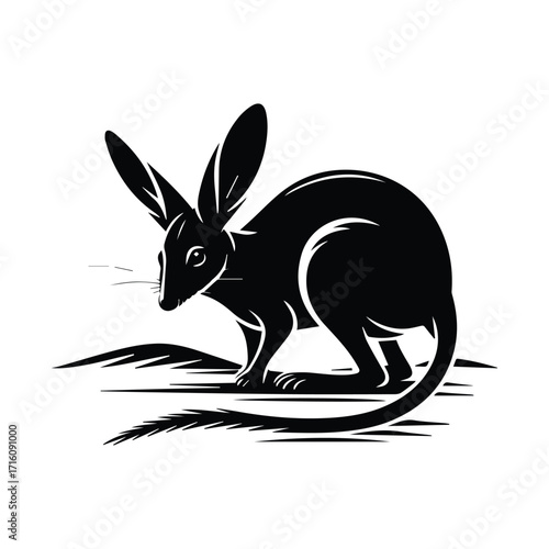 Monochrome Illustration of a Bilby Australian Marsupial with Long Ears and Pointed Snout