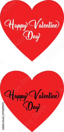 Two vibrant red heart shapes with elegant white and black cursive text proclaiming happy valentine day for romantic celebrations