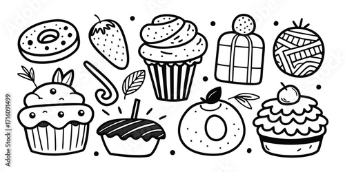 Hand-drawn baking essentials set featuring cupcakes doughnuts and fruit for creative projects