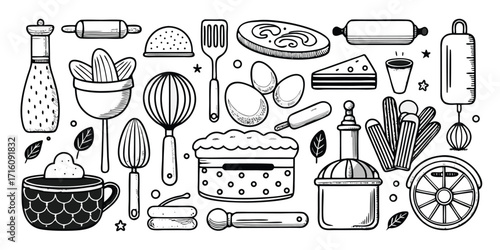 Essential baking tools collection hand-drawn line art featuring kitchen utensils and ingredients