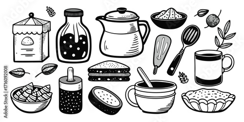 Vintage baking essentials collection featuring kitchenware ingredients and sweet treats for culinary creation