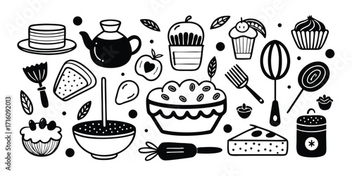 Hand drawn baking essentials collection featuring desserts and kitchen tools for recipes