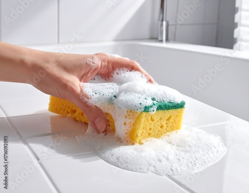 Hand cleaning sponge in a bathroom