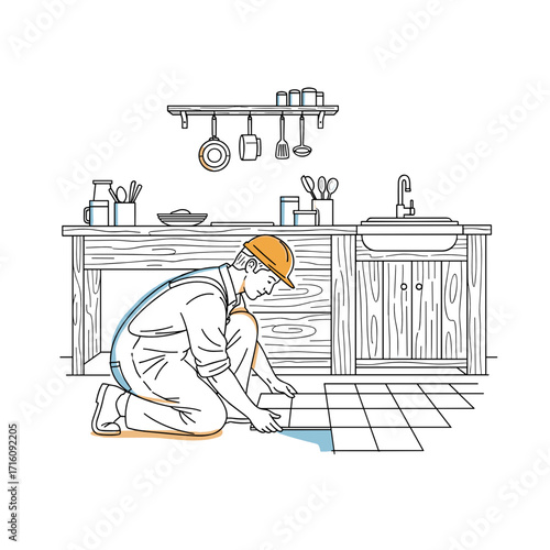 Builder laying tiles in a rustic kitchen for a home renovation project