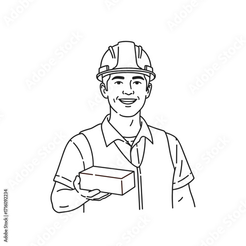 Smiling builder holding a brick in hand, ready for masonry work